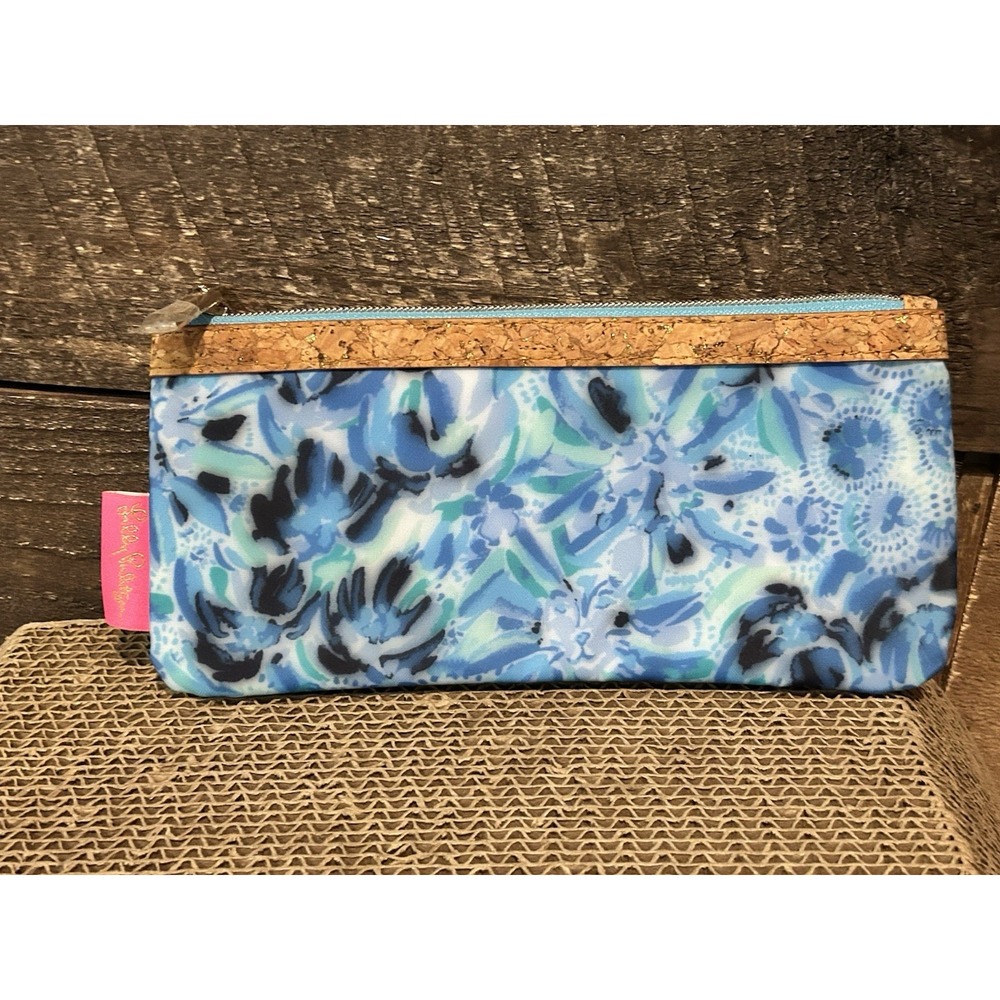 Lilly Pulitzer Pencil Pouch Cosmetic Case Iris Blue High Maintenance Cork Accent